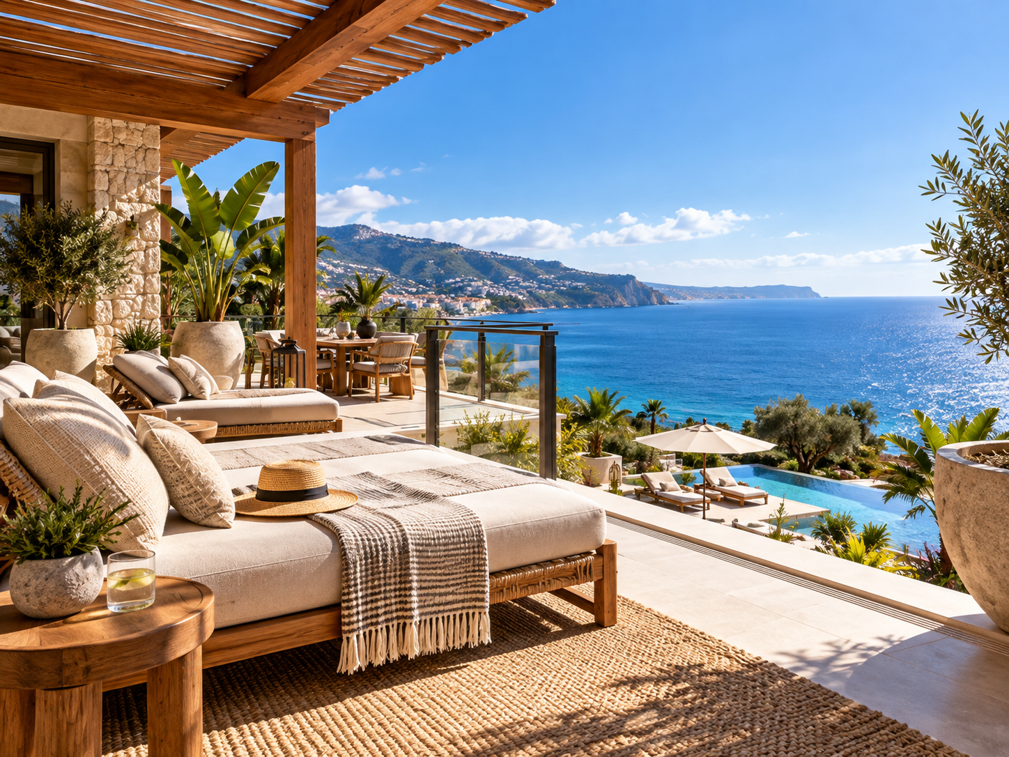 Terraza de alojamiento con zona de descanso y vista al mar