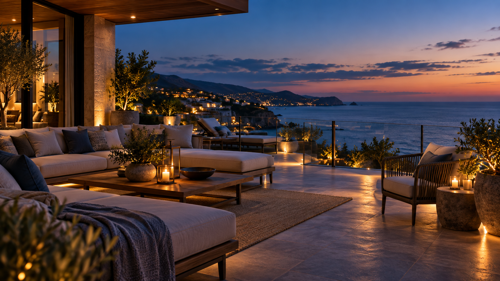 Terraza de alojamiento al atardecer con vista al mar