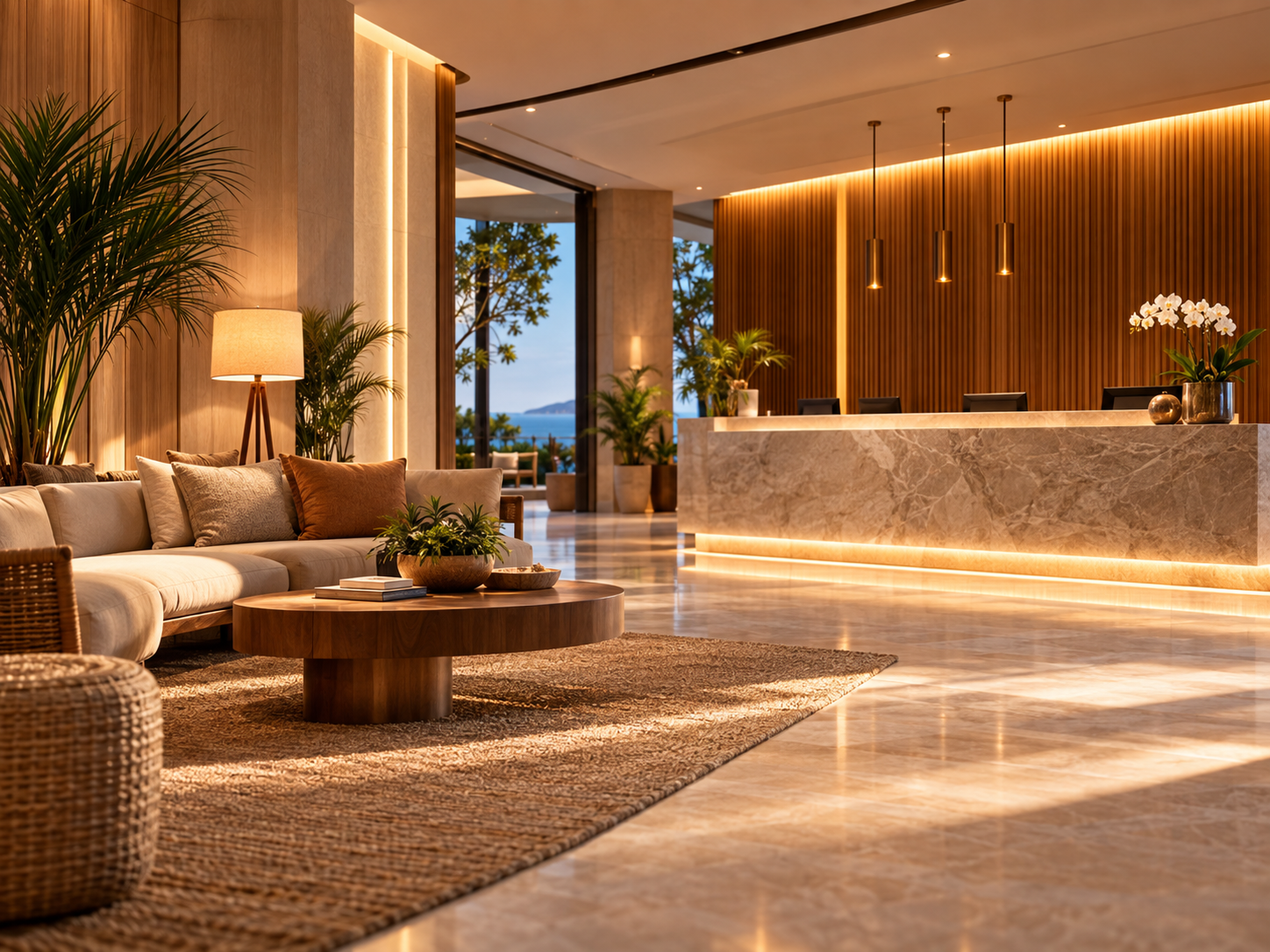 Lobby de hotel con recepción y zona de descanso